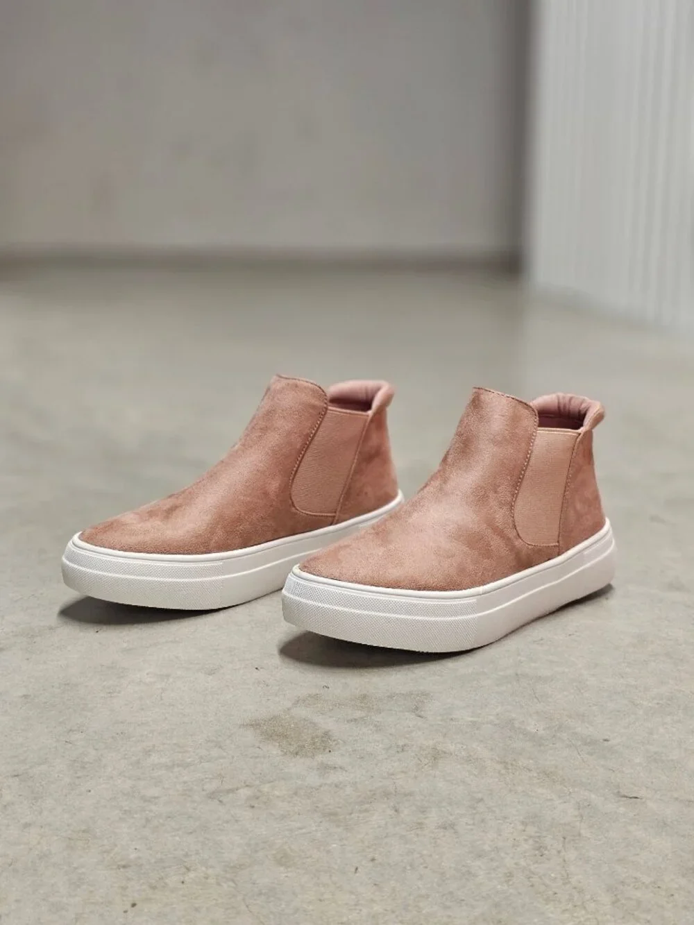 Blush Nubuck Slip-On Platform Sneakers With Elastic Side Panels & White Soles Fo - Picture 14 of 14